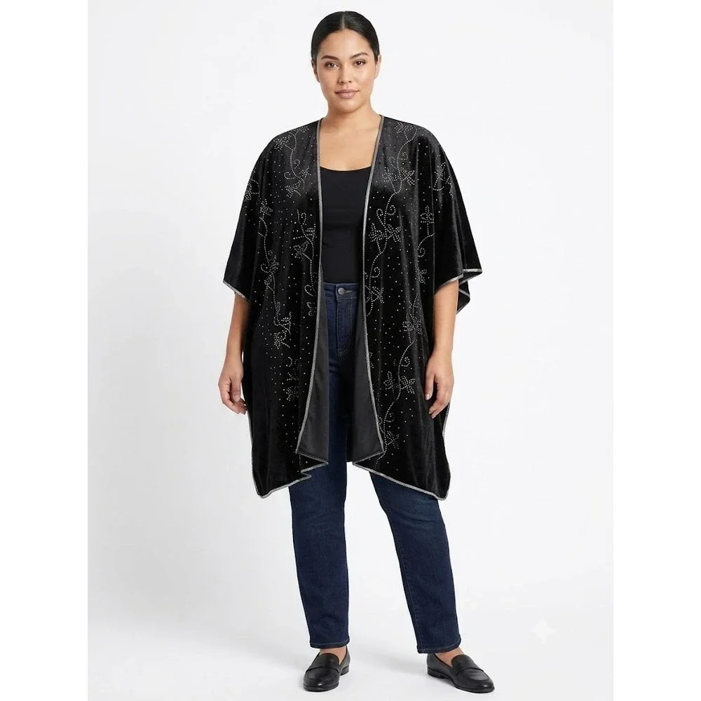 Jessica McClintock Shawl Womens One Size Black Velvet Rhinestone Evening Wrap